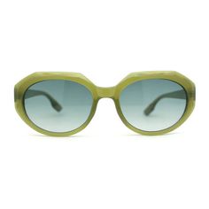 Perfect for daily wear, these shades are classically shaped into iconic mod round silhouettes with exquisitely luxurious dimensional beveled frames. Feminine, yet sophisticated, with subtly colorful tones, extremely functional, yet stylish. Made with 100% UV400 polycarbonate lenses. (b342) Size: 5 5/8" (143mm) x 1 15/16" (49mm).  Color: Green.  Gender: female.  Age Group: adult. Oval Sunglasses With Gradient Lenses For Summer, Summer Oval Sunglasses With Gradient Lenses, Oval Polarized Sunglasses For Summer, Retro Round Sunglasses With Gradient Lenses, Vintage Oval Sunglasses For Summer, Green Sunglasses With Gradient Lenses And Round Frame, Modern Oval Sunglasses For Summer, Green Round Frame Sunglasses With Gradient Lenses, Vintage Round Frame Sunglasses For Spring