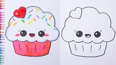 an open notebook with two drawings of cupcakes and hearts on the top one