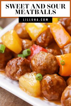 sweet and sour meatballs on a plate with pineapples