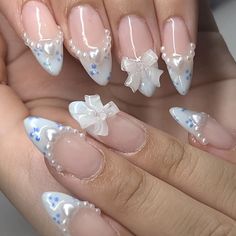 24pcs Short Almond Press on Nails White French Pearl Bow Design False Nail Manicure Removable Ins Short Almond, Girly Acrylic Nails, Fake Nails With Glue, Really Cute Nails, Stick On Nails, Nail Charms, Nail Art Hacks, Cute Nail Designs, False Nail