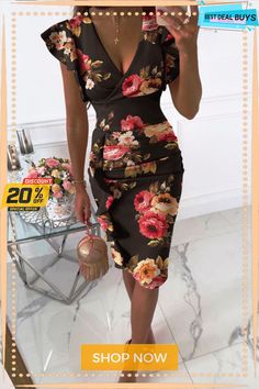 Casual Print Flounce V Neck Pencil Skirt Dresses(10 Colors) Spring Pencil Skirt Dress For Date Night, Spring Party Dress With Pencil Skirt Shape, Spring Date Night Pencil Dress, Floral Print Knee-length Bodycon Dress For Date Night, Fitted Knee-length Dress For Date, Pencil Skirt Dress, Dress Skirt, Womens Bottoms, Pencil Skirt