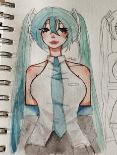 a drawing of a girl with blue hair wearing a white shirt and tie, standing in front of a mirror