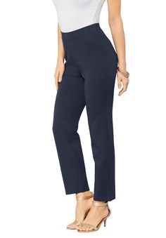 Our best-selling ponte pant is an instant classic, the pant you'll reach for again and again. With a straight fit through the hips and thighs and a pull-on elastic waist, it moves with you to keep your look on point. Ultimate Ponte is perfect for any occasion. Polished and sleek, but with a comfortable feel, this luxurious, knit fabric looks super professional while being easy to wear and style. Available in an array of flattering silhouettes, these are your outfit-building essentials. 30" insea Classic Pull-on Bottoms With 5-inch Inseam, Classic Mid-rise Pull-on Pants, Wedge Dress Shoes, Dress Pants For Women, Ponte Pant, Knit Trousers, Ponte Pants, Swimsuits For All, Again And Again