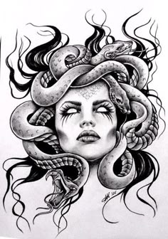 a drawing of a woman with snakes on her head