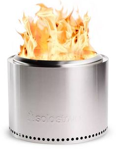 a close up of a fire in a metal container on a white background with the word, woodside