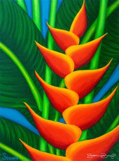 a painting of orange flowers and green leaves