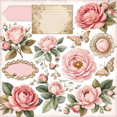 a bunch of pink roses and butterflies on a white background