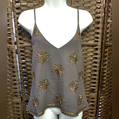 New With Tags Size Medium Charcoal (Appears To Be A Touch Of A Coffee Color) Fully Lined With Gold Embroidered Flowers & Trim Tank Top - 100% Polyester - Fully Lined - Adjustable Straps - Back Of Top Makes A Cross Cross (Pic#11,#12) - V-Neck - Approx 35" Chest Unstretched - Approx 24.5" Long - Gold Embroidered Beads In Flower Designs And In Trim Detail - Excellent New Condition - No Damage - Non Smoking Home - *Reasonable Offers Welcome - $46 Msrp Festive V-neck Summer Tops, Cotton Tops With Floral Embroidery For Party, Embroidered Cotton Top For Party, Crochet Lace Tank Top, Embroidered Beads, Heart Tank Top, Black Cami Top, Dressy Tank Tops, Coffee Color