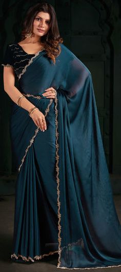 Blue color Saree in Chiffon fabric with Zircon work Blue Georgette Pre-draped Saree For Wedding, Blue Georgette Pre-draped Saree For Formal Occasions, Blue Georgette Saree For Wedding, Blue Georgette Saree For Reception, Elegant Blue Georgette Saree, Elegant Blue Self Design Saree, Elegant Blue Saree With Self Design, Elegant Blue Georgette Traditional Wear, Formal Blue Art Silk Saree