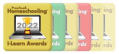 four laptops with the words homeschooling on them and trophies in front of them