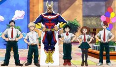 an anime character standing in front of other characters