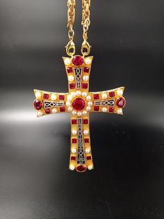 Handmade Pectoral Cross made by bronze metal, gold plated 24k with zircon stones. The Cross is accompanied by gold plated bronze chain and a beautiful storage box. Size: 12cm (h) x 8cm (w) Byzantine Cross Jewelry For Ceremonial Occasions, Byzantine Jeweled Gold Jewelry, Gold Byzantine Jeweled Jewelry, Byzantine Style Jeweled Gold Jewelry, Crucifix Art, Byzantine Cross, Pectoral Cross, Catholic Cross, Cross Christian