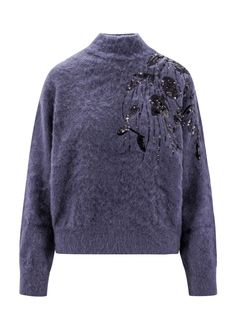 Sequin Floral Sweater from Brunello CucinelliComposition: W 28% , 26% Virgin Wool, 13% Cashmere, 8% Wool, 5% SilkComposition: W 28% , 26% Virgin Wool, 13% Cashmere, 8% Wool, 5% Silk | Brunello Cucinelli Women's Mohair in Blue | FW23/24 Blue Jumper, Cashmere Color, Floral Sweater, Mohair Wool, High Neck Long Sleeve, Sweater Brands, Brunello Cucinelli, Wool Sweater, Stylish Men