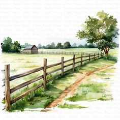 a watercolor painting of a country road leading to a fenced in field with a barn