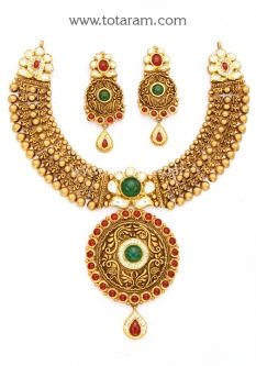 Buy 22K Gold Antique Necklace & Drop Earrings Set with Stones - GS2836 with a list price of $6,613.99 - 22K Indian Gold Jewelry from Totaram Jewelers Vintage Gold Round Bridal Necklace, Heavy Vintage Gold Jewelry, Vintage Heavy Gold Jewelry, Multicolor Retro Jewelry For Vintage Collection, Vintage Multicolor Necklaces For Festive Occasions, Heavy Gold Vintage Necklace, Heavy Vintage Gold Necklaces, Heavy Antique Gold Jewelry, Gold Jewelry For Vintage Collection