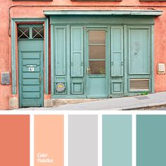 the color scheme for this house is aqua, peach, and green with an open door