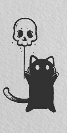 a black cat with a skull on it's head and a bone in its mouth