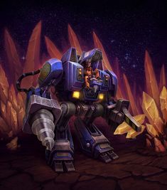 an image of a giant robot that is in the middle of some rocks and trees