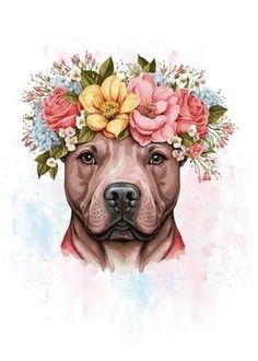 a dog with flowers on its head and the image is painted in watercolors