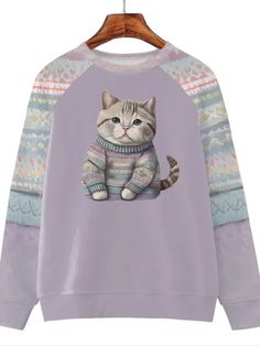 Women's Cute Cat Print Crew Neck Sweatshir Light Cyan, Cat Print, Casual Sweatshirt, Drop Shoulder, Cute Cat, Types Of Printing, Pullover Hoodie, Feline, Crew Neck Sweatshirt