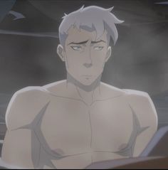 an anime character with grey hair and no shirt on, staring at something in the distance