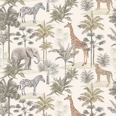 a wallpaper with giraffes, zebras and elephants in the jungle