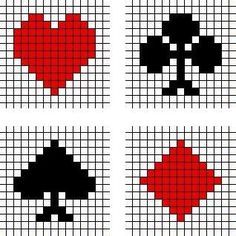 four different cross stitch designs in red and black, each with an image of a heart