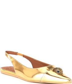 From Kurt Geiger London&#x2C; the Belgravia Mirror Metallic Leather Slingback Flats features:Metallic leather upperDrenched eagle head detailSlip on with gored sling strapSynthetic liningRubber outsoleFlat heelImported. Chic Gold Leather Flats, Gold Cushioned Slip-on Flats, Gold Leather Sandals With Cork-bed Midsoles, Kurt Gieger Sandles, Slingback Flats, Eagle Head, Kurt Geiger, Dillard's, Metallic Leather