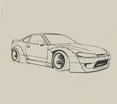 a drawing of a sports car in black and white on a light colored paper background