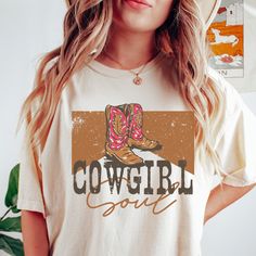 Cute country western cowgirl boots t shirt.  *Please size up 1-3 sizes if you would like the oversized look! UNISEX SHIRTS SIZES: The models in the photo images are wearing 1 or 2 sizes up, so please order 1 or 2 sizes up for an oversized look. Many customers say that it's only a bit oversized look or true to size for women's size when you choose your normal women's size. PRINTS: We use high quality Direct-to-garment (DTG) printing! DTG printing method is used for printing on clothing, and the process itself resembles digital printing on paper. DTG printing produces professional high quality design.  SOFTNESS: When you receive it, the shirt looks a little stiff, but after washing over the time it becomes softer and vintage feel as in photo images. CARE INSTRUCTION:Machine wash: cold (max 3 Western Style T-shirt For Spring Ranch, Western Style T-shirt For Country Concerts In Spring, Country Style T-shirt For Rodeo In Spring, Relaxed Fit Western T-shirt For Ranch, Western Style Relaxed Fit T-shirt For Ranch, Country Style T-shirt For Rodeo In Fall, Fall Graphic Print T-shirt For Country Events, Casual Fall T-shirt With Cow Print, Casual Cow Print T-shirt For Fall