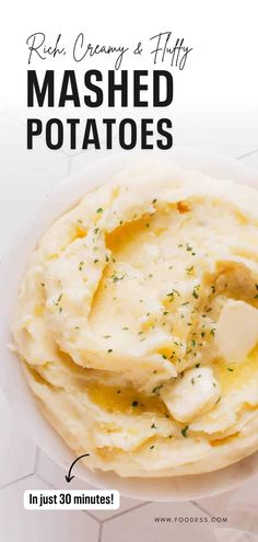 mashed potatoes on a white plate with text overlay