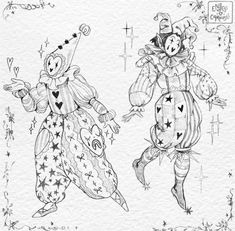 two clowns with hearts and stars on their faces, one is holding a heart