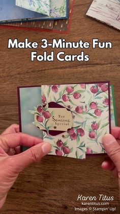 someone is holding up a card with the words make 3 - minute fun fold cards