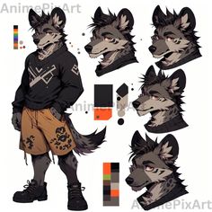 an animal character is shown with different poses and hair color options for the wolf man