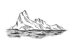 an iceberg floating in the water with rocks around it, hand drawn illustration on white paper