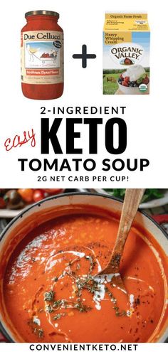 two ingredient keto tomato soup in a bowl with the text, 2 ingredient easy keto tomato soup