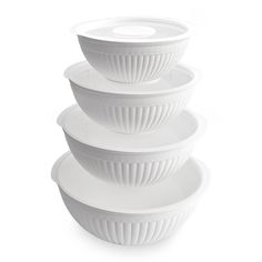 three white bowls stacked on top of each other