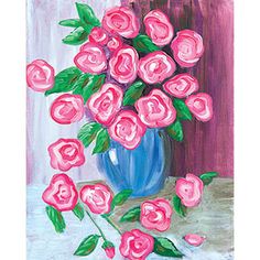 a painting of pink roses in a blue vase