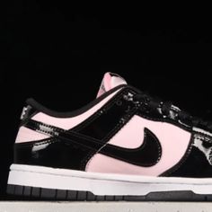 Pink And Black Dunks Never Worn Pink Skate Shoes With Contrast Sole For Streetwear, Pink Leather Skate Shoes For Streetwear, Pink Nike Skate Shoes With Contrast Sole, Nike Pink Skate Shoes With Contrast Sole, Pink Nike Skate Shoes For Streetwear, Nike Pink Skate Shoes For Streetwear, Pink Leather Nike Skate Shoes, Trendy Black Low-top Custom Sneakers, Sporty Black Patent Leather Custom Sneakers