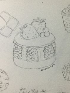 this is a drawing of different cakes and desserts on paper with pencil shading