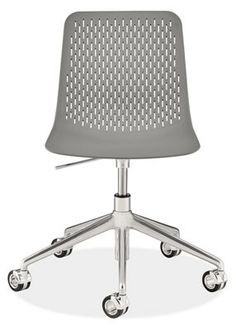 a blue office chair with wheels on an isolated white background, viewed from the front