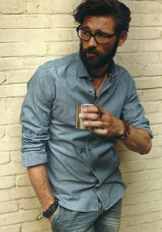 chambray shirt, beard, and eyewear Male Attire, Wolf King, Stylish Man, Haircut Styles, Bearded Man, Hot Damn, Man Photography, Mens Fashion Rugged