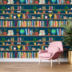 a room with bookshelves full of books and plants on the shelves wallpaper