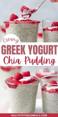 greek yogurt chia pudding with raspberries on top and the text overlay reads, creamy greek yogurt chia pudding