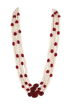 Red and white long necklace with arranged ruby beads and white pearl embellished layered chains.
Type: Beads and Pearls Embellished
Composition: Beads, Pearls
Color: Red,White
Other Details: 
Weight (in gms): 500
Closure: Pull-out drawcord - Aza Fashions White Pearl Long Necklace With Gemstone Beads, Red Pearl Chain Necklace For Party, White Necklaces With Round Beads For Celebrations, White Gemstone Bead Necklaces For Weddings, Red Pearl Chain Necklace For Wedding, White Necklace With Round Beads For Celebration, Red Pearl Necklace With Round Beads, White Beaded Necklace With Faceted Beads For Festive Occasions, Red Single Strand Necklace For Wedding