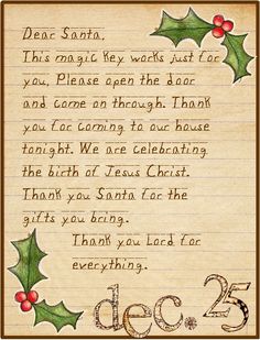 a christmas card with holly leaves and the words dear santa