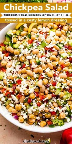 chickpea salad with garbanzo beans, cucumbers, peppers, celery & feta tossed in a zesty lemon dressing