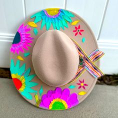 Hand Painted Hat By Boho Sun Creations One Of A Kind Adorned In Hand Painted Flowers Wearable Art Measures Approximately 15x15x5 3.5”Brim Sealed For Water Protection But Not Water Proof ( Do Not Drench Ex: Rainstorm Etc.) Price Is Firm. Please No Low Offers