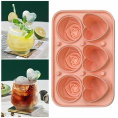 four different images of ice trays with drinks in them and lemon slices on the side