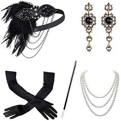 Season:All Seasons; Look After Me:Hand wash; Gender:Women's; What's in the box:Headband,Gloves; Types:Accessories Set,Flapper Headband; Holiday:Masquerade; Style:The Great Gatsby,1920s,Vintage; Elasticity:Inelastic; Jewelry Type:Necklace,Earrings; Occasion:Festival; Material:Feather; Age Group:Adults'; Characters:Charleston; Design:Feather; Listing Date:09/05/2023 Vintage Costume Accessories For Carnival, Vintage Black Jewelry For Costume Party, Elegant Halloween Jewelry For Costume Party, Elegant Jewelry For Halloween Costume Party, Vintage Wedding Costume Accessories, Elegant Adjustable Jewelry For Costume Party, Vintage Black Costume Accessories For Wedding, Vintage Black Costume Accessories For Party, Great Gatsby Party Outfit Diy